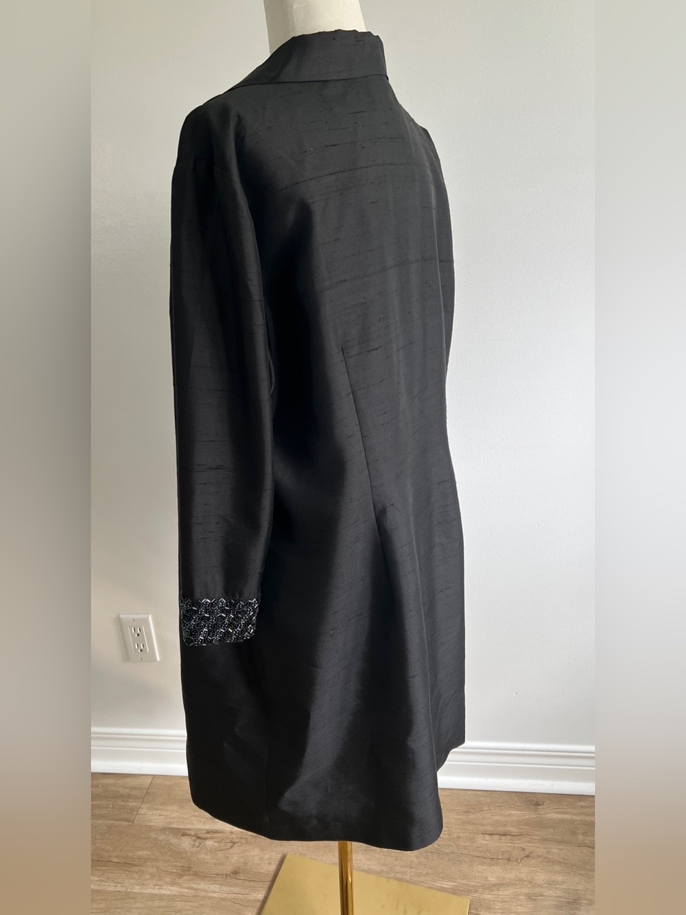 Vintage Y2K Black Silk Evening Coat • Beaded Sleeves • Special Occasion Jacket - Picture 10 of 14